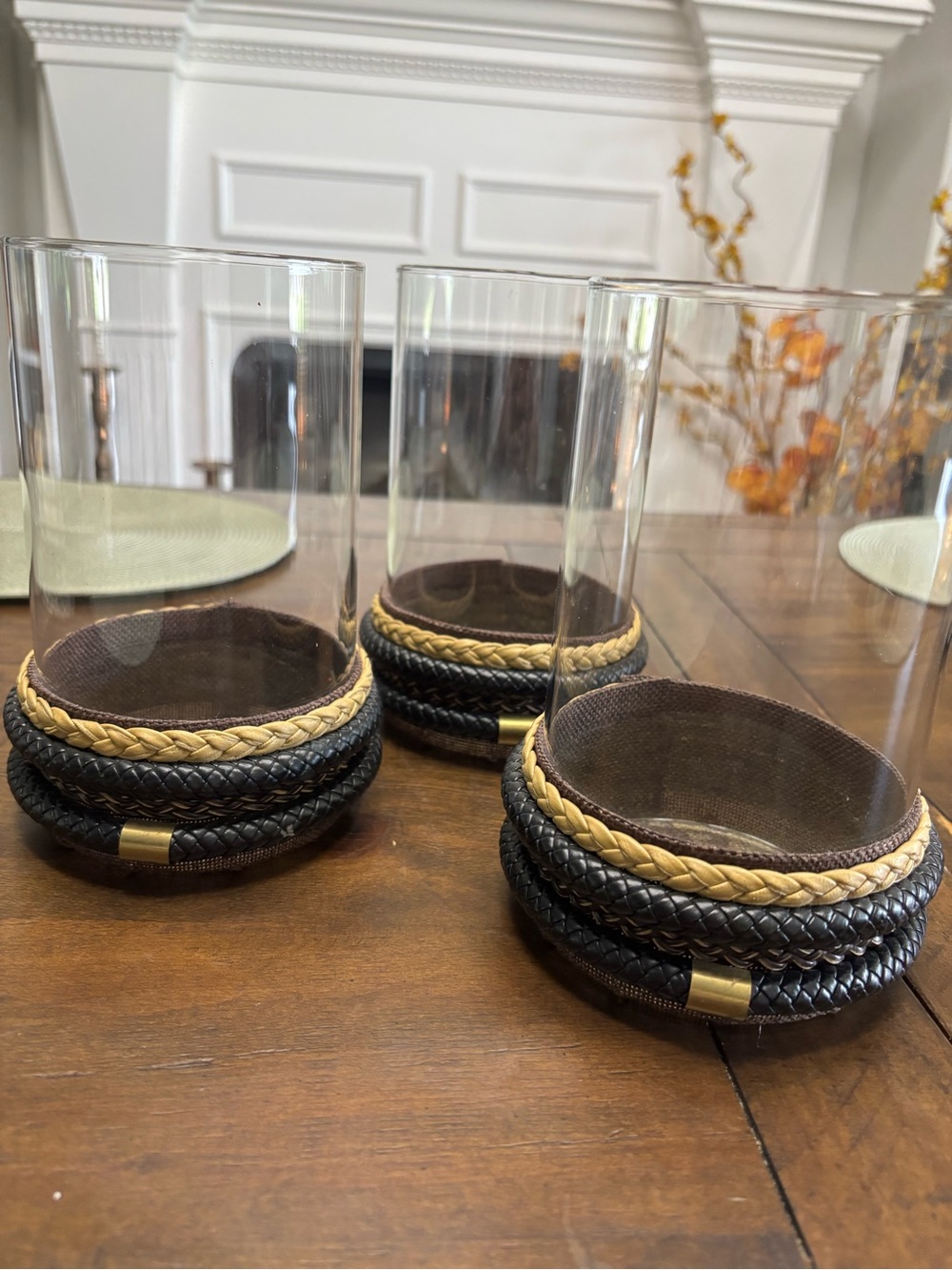Three vintage Nate berkus discontinued glass candle holders with faux leather